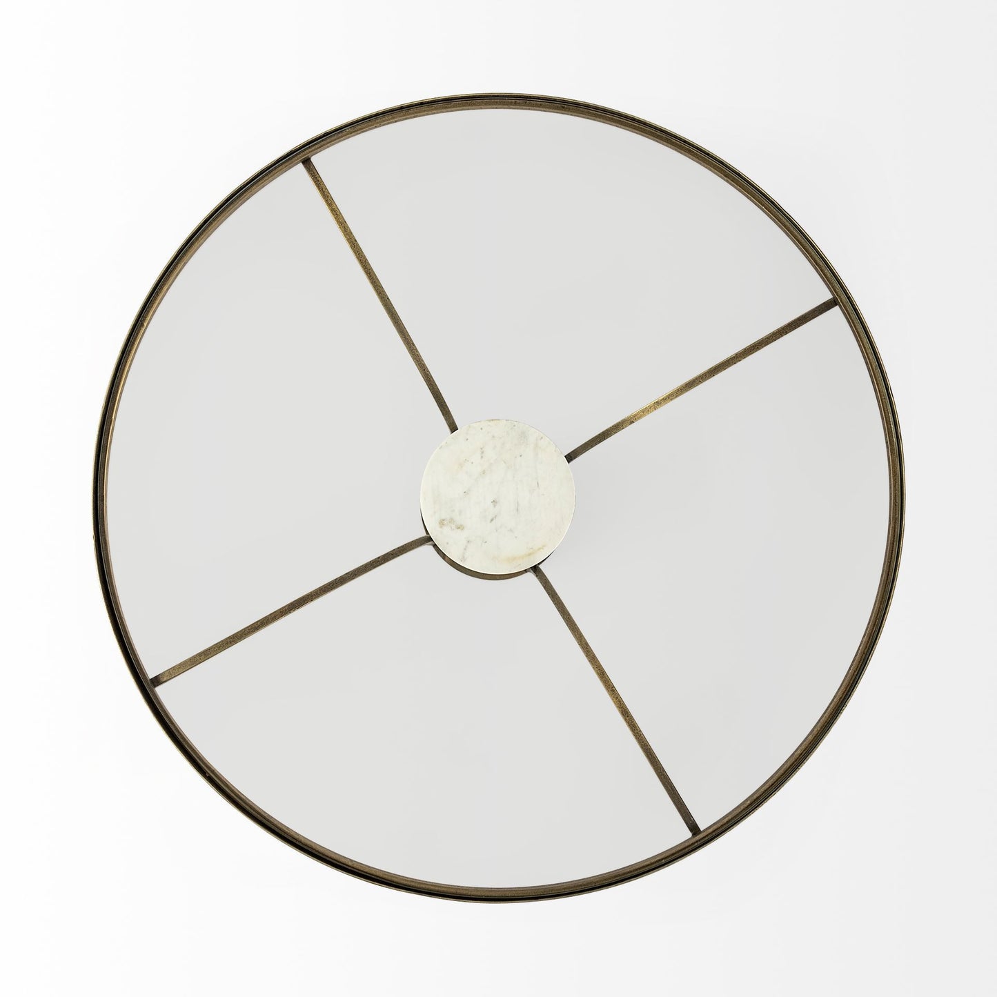 36" Antiqued Gold And White Glass Iron and Marble Round Pedestal Coffee Table