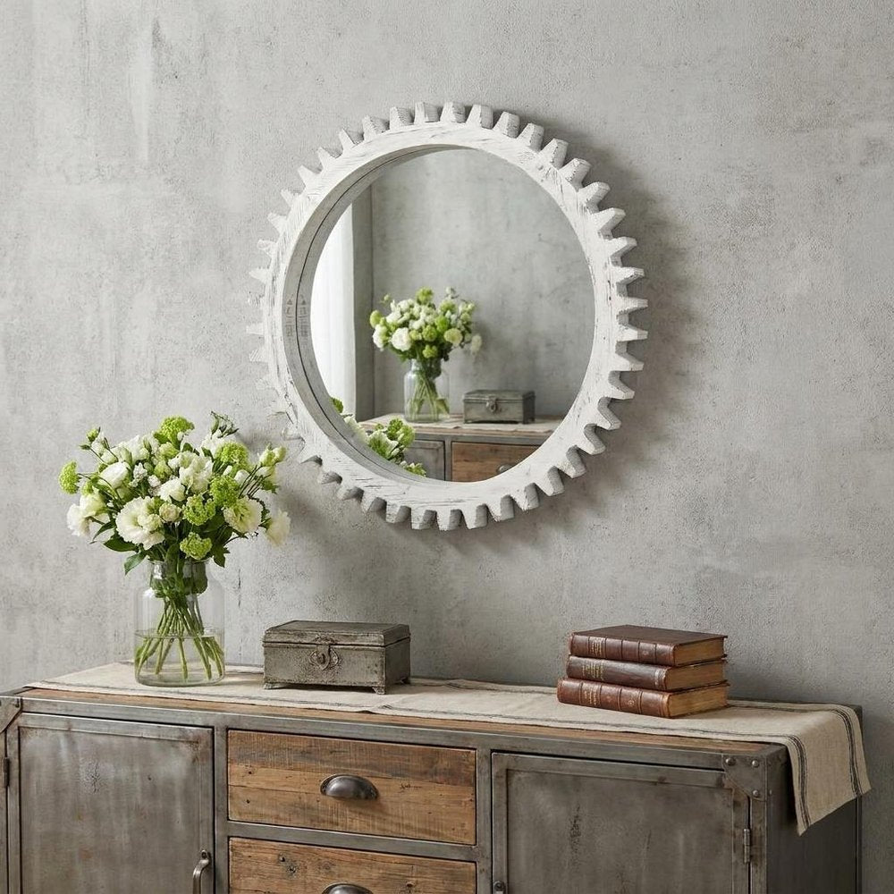 35" White Abstract Wood Framed Accent Mirror