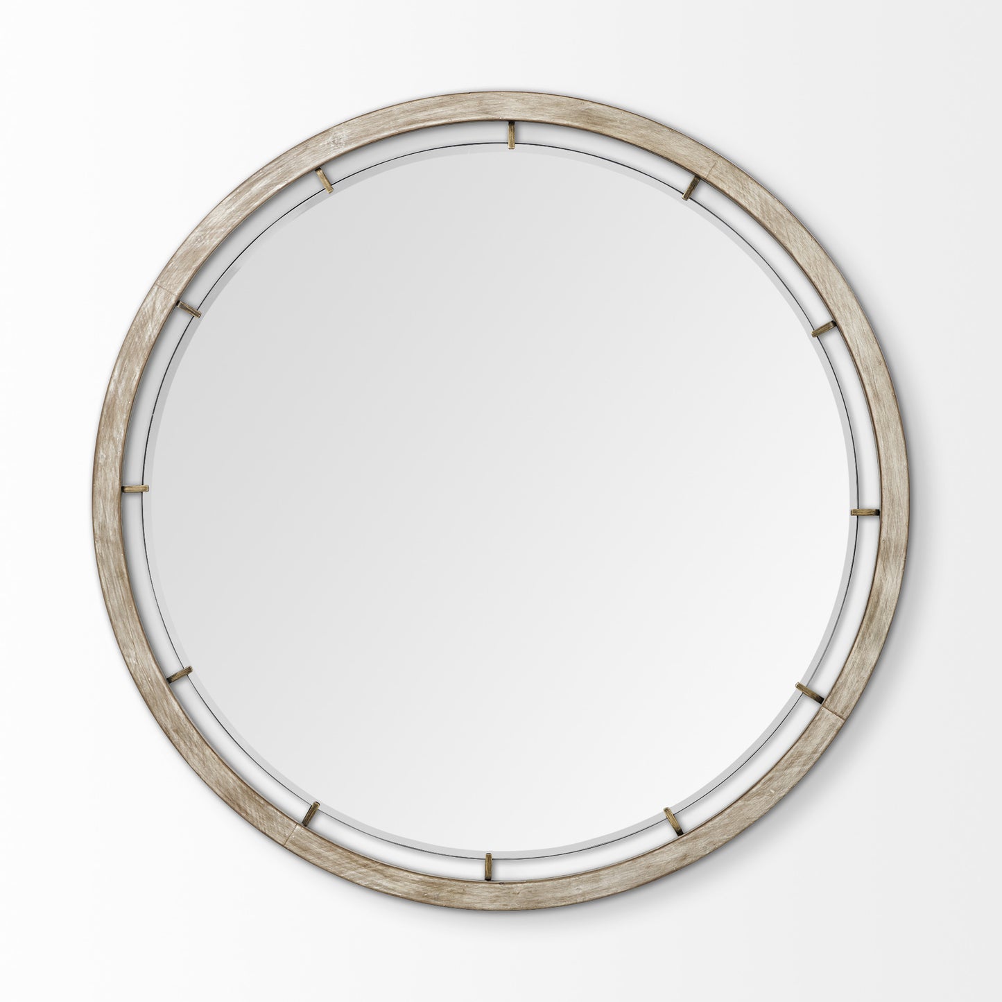 54" Brown Round Wood And Metal Framed Accent Mirror