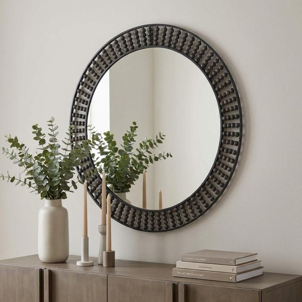42" Round Black Metal Frame Wall Mirror With Wood Beads