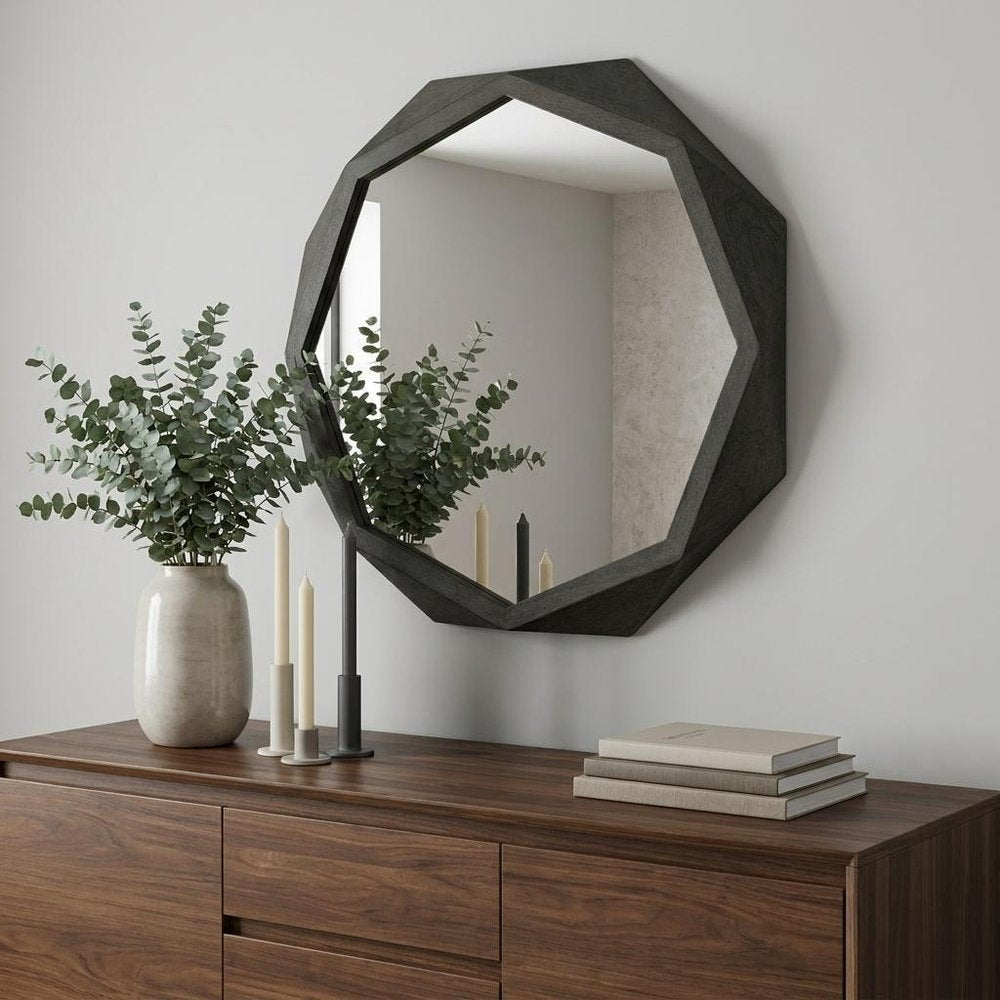 32" Octagon Black Wood Frame Wall Mirror