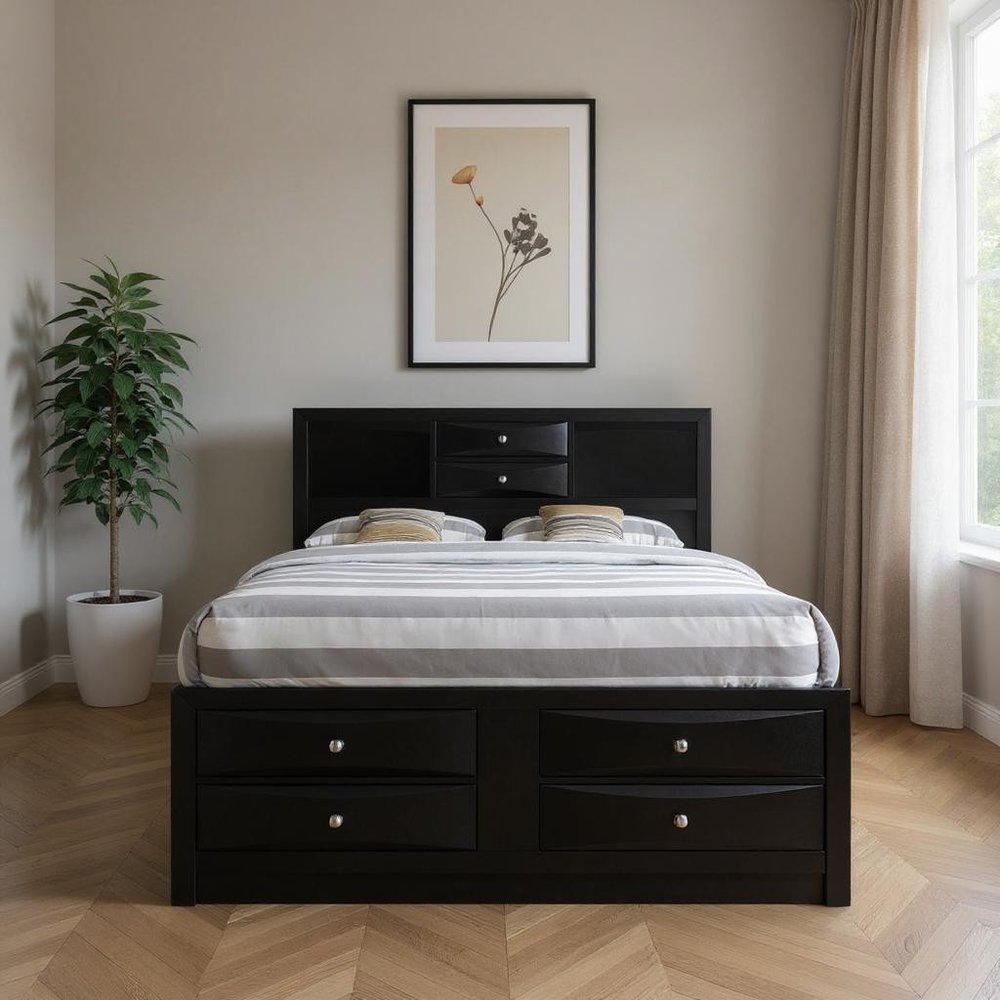Black Wood King Bed Frame With Drawers