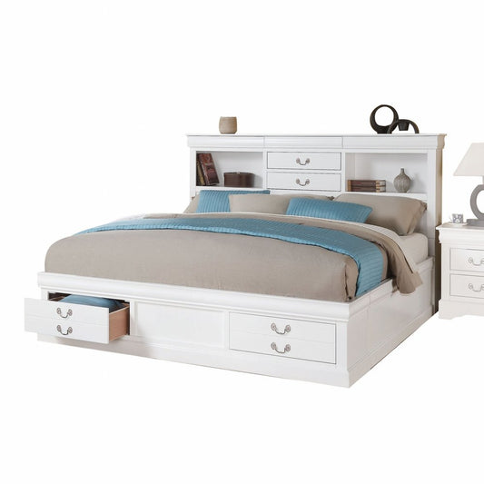 White Wood Queen Bed Frame With Four Drawers