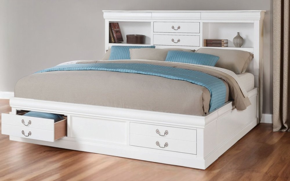 White Wood Queen Bed Frame With Four Drawers