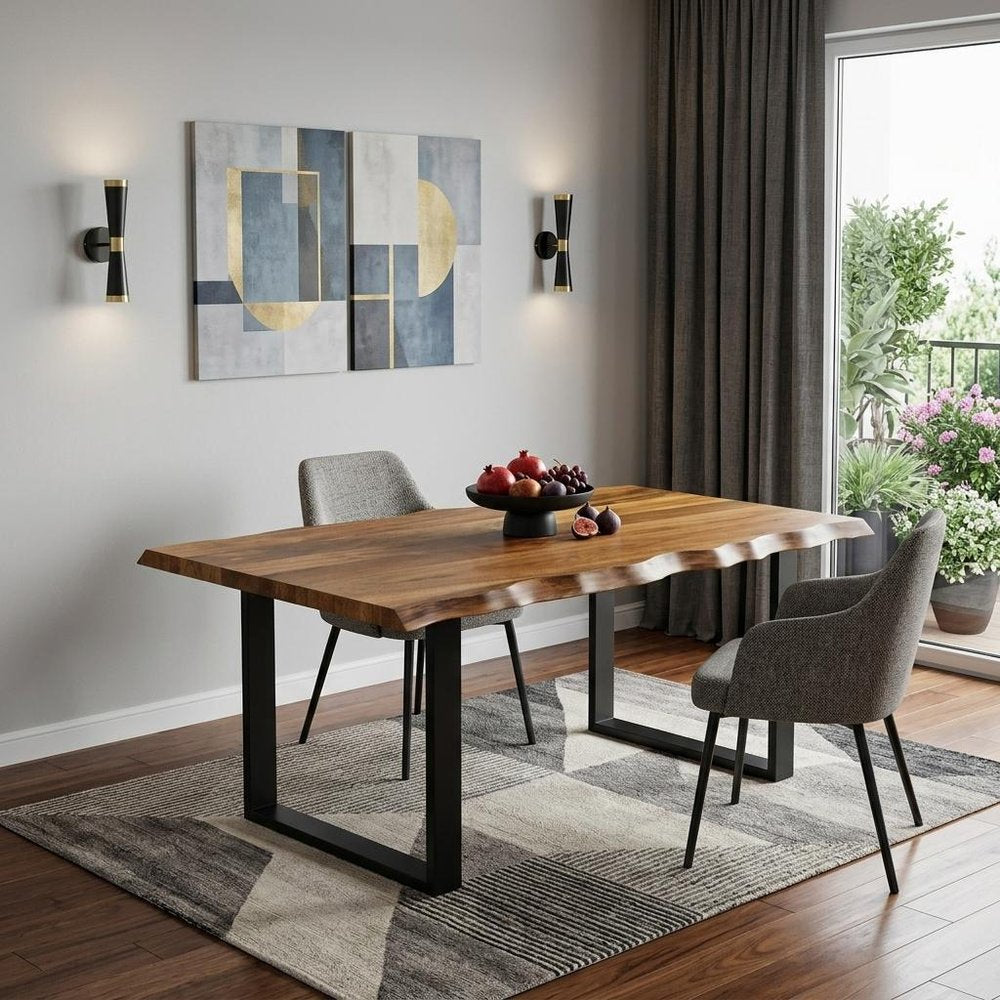 68" Brown And Black Solid Wood Sled Base Dining Table