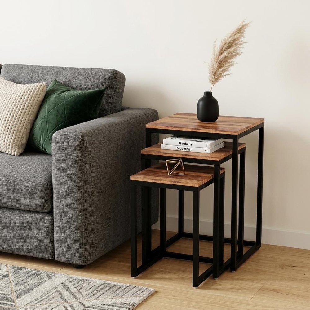 Set of Three 17" Black And Brown Solid Wood Nested Tables
