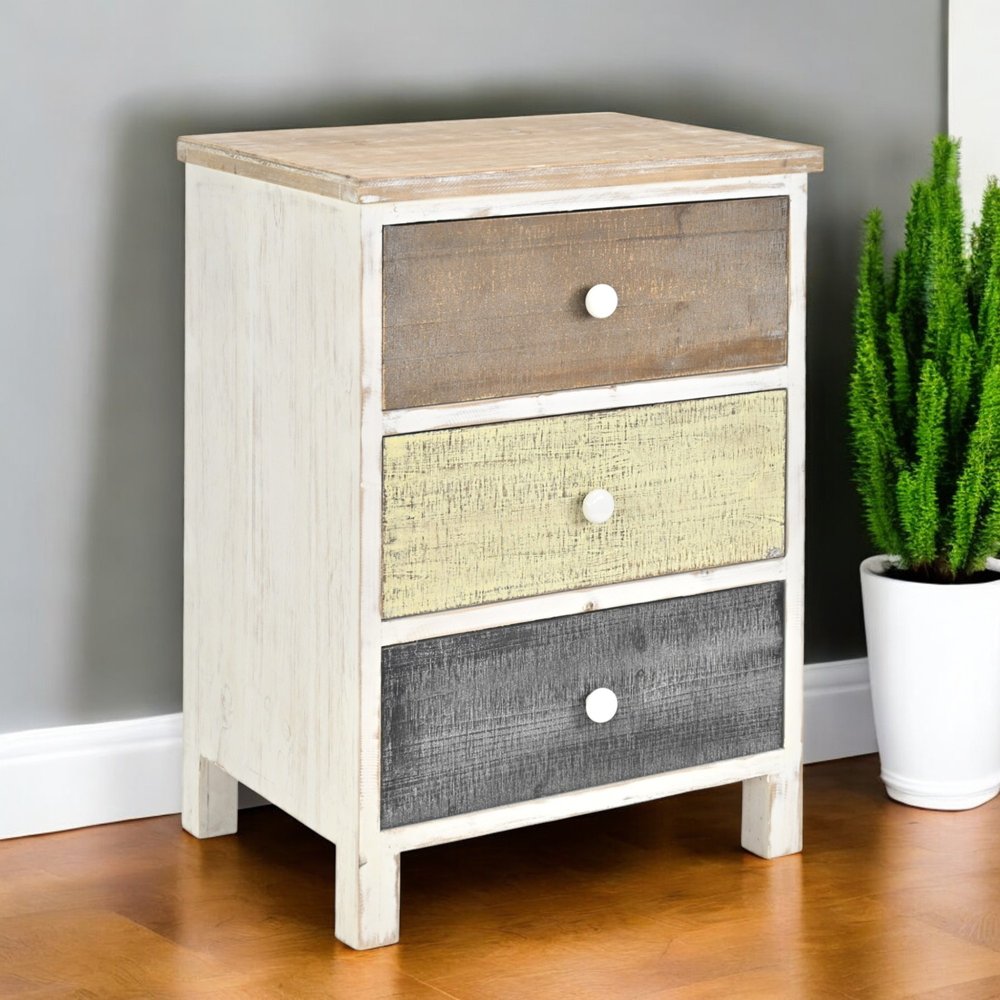 19" White Gray and Natural Distressed Accent Cabinet With Three Drawers
