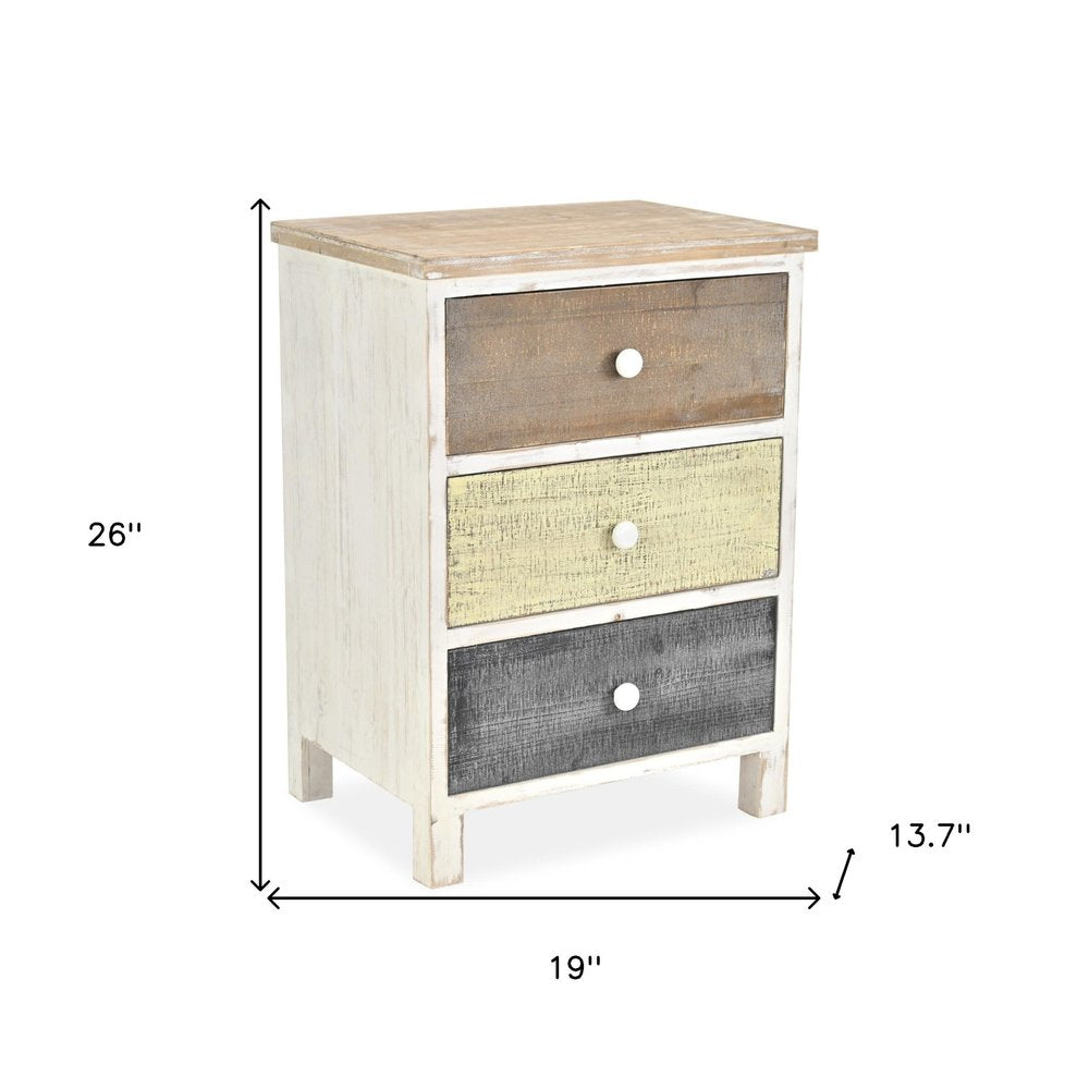19" White Gray and Natural Distressed Accent Cabinet With Three Drawers