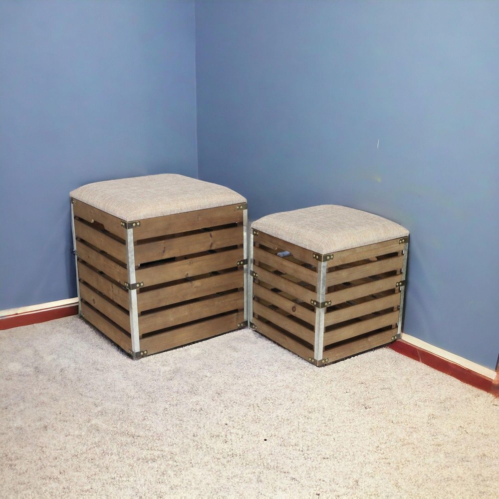 Set of Two 16" Brown Linen Upholstered Storage Square Entryway Stool With Flip Top