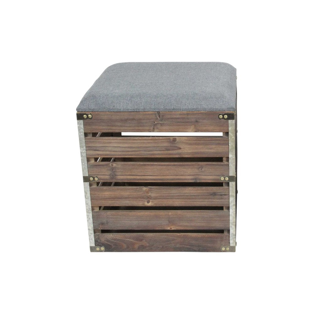 Set Of 2 Square Gray Linen Fabric And Wood Slats Storage Benches