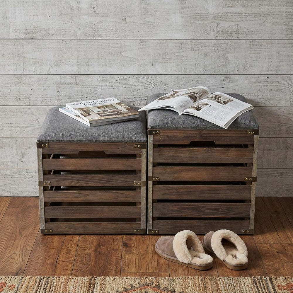 Set Of 2 Square Gray Linen Fabric And Wood Slats Storage Benches