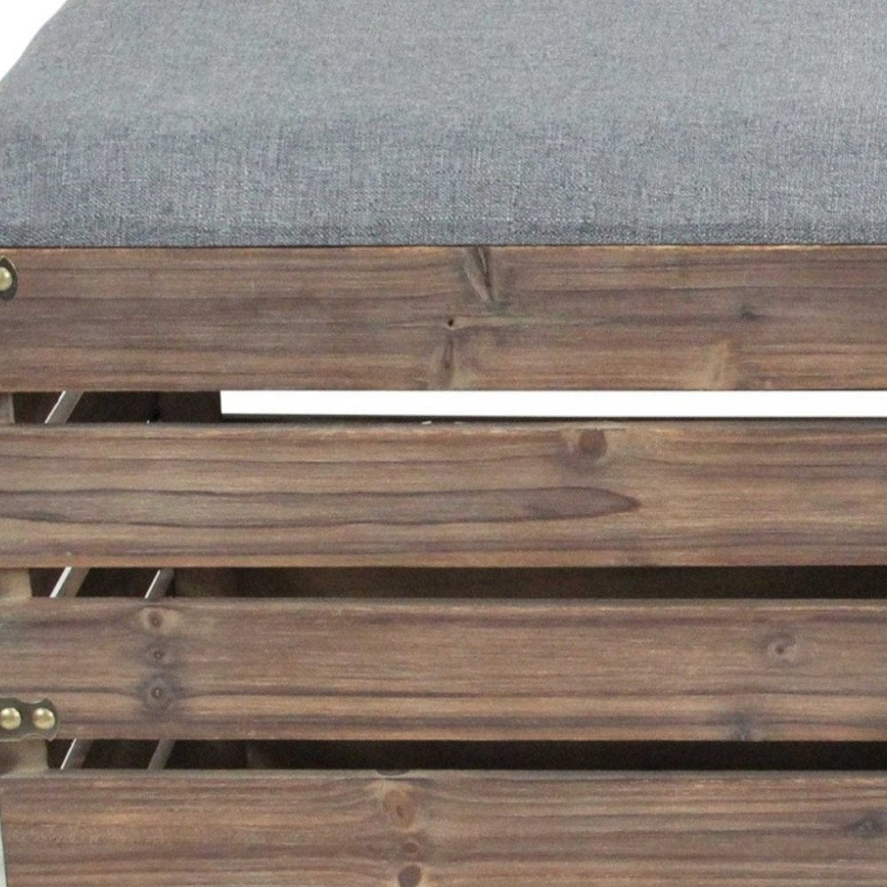 Set Of 2 Square Gray Linen Fabric And Wood Slats Storage Benches