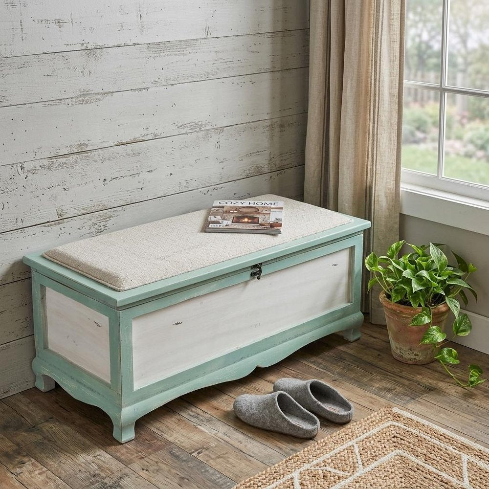 Rectangular Green Wooden With Seat Cushion And Inside Storage Bench