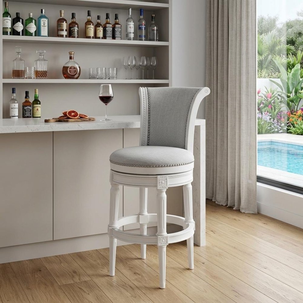 Light Gray and White Solid Wood Swivel Bar Chair