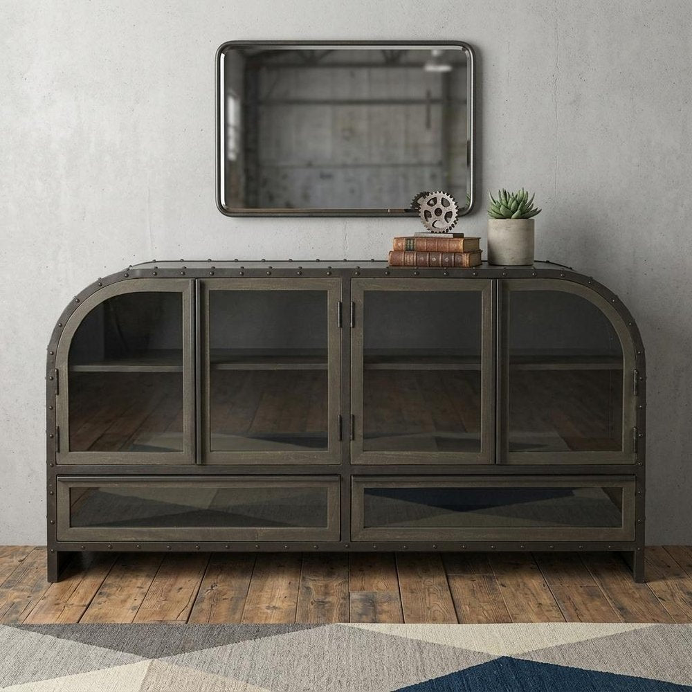 62" Dark Brown Iron Two Drawer Sideboard with Four Glass Doors