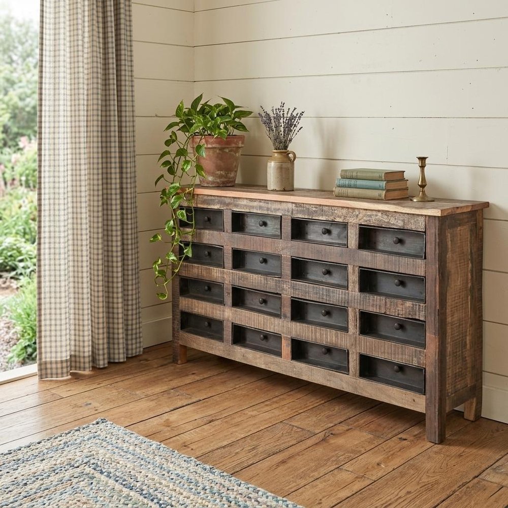 63" Brown and Black Solid Wood 16 Drawer Sideboard