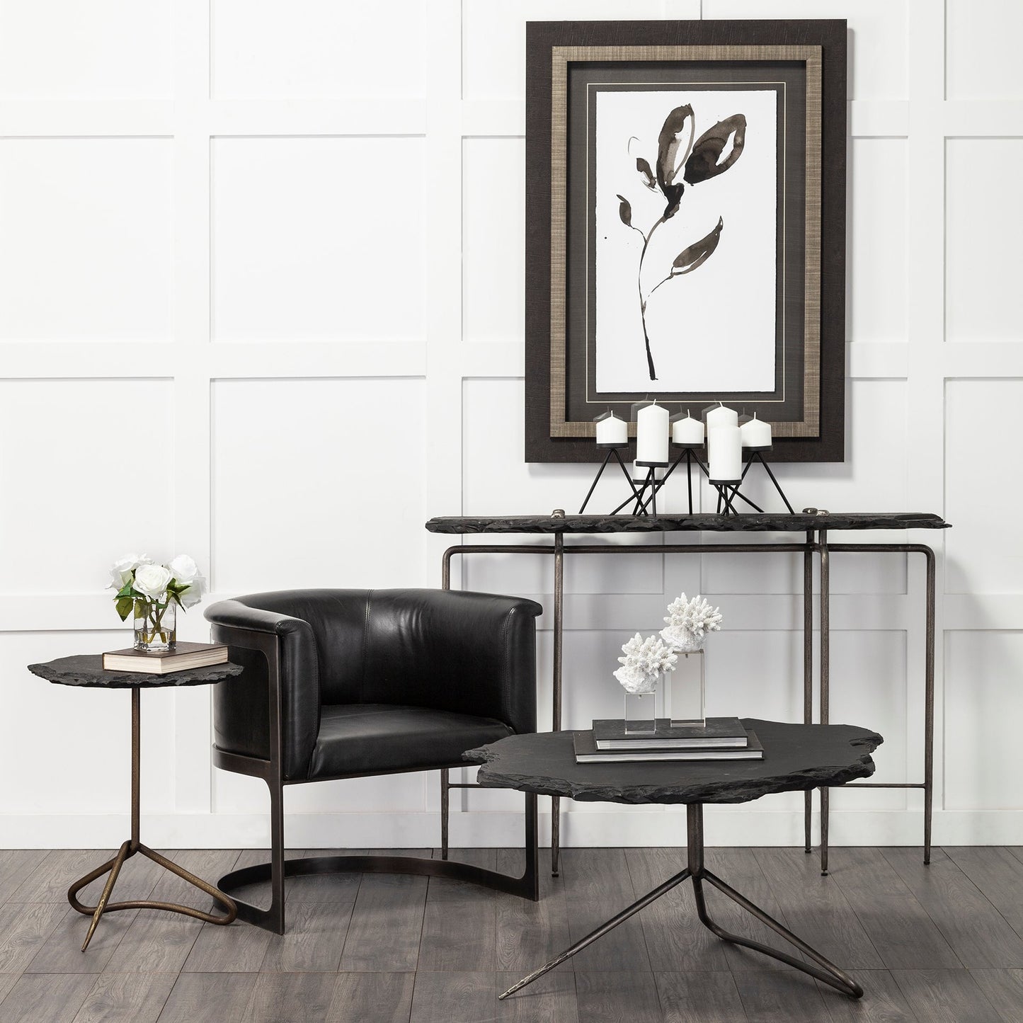17" Black and Silver Slate Six Leg Console Table