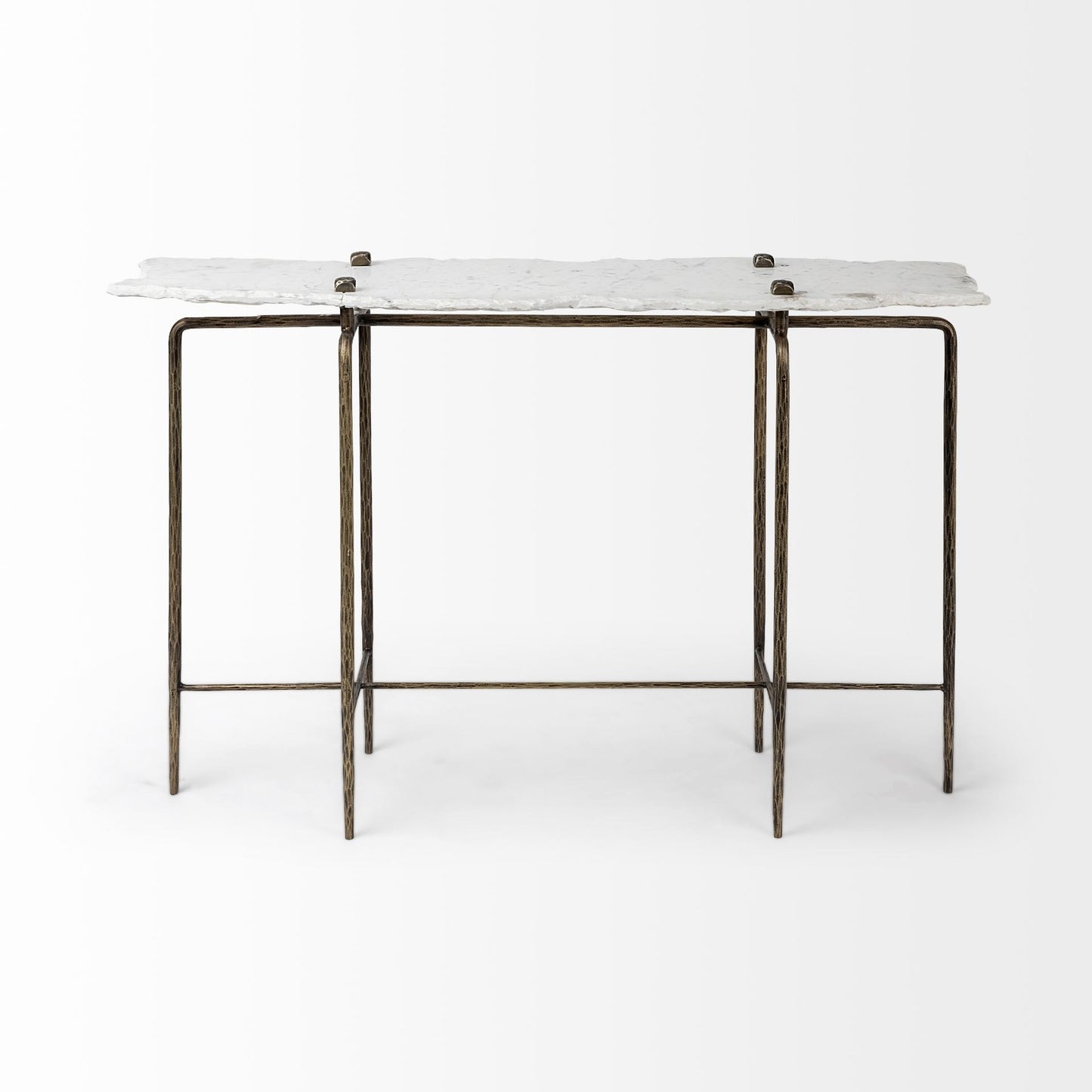 49" White and Brass Genuine Marble and Iron Distressed Six Leg Console Table