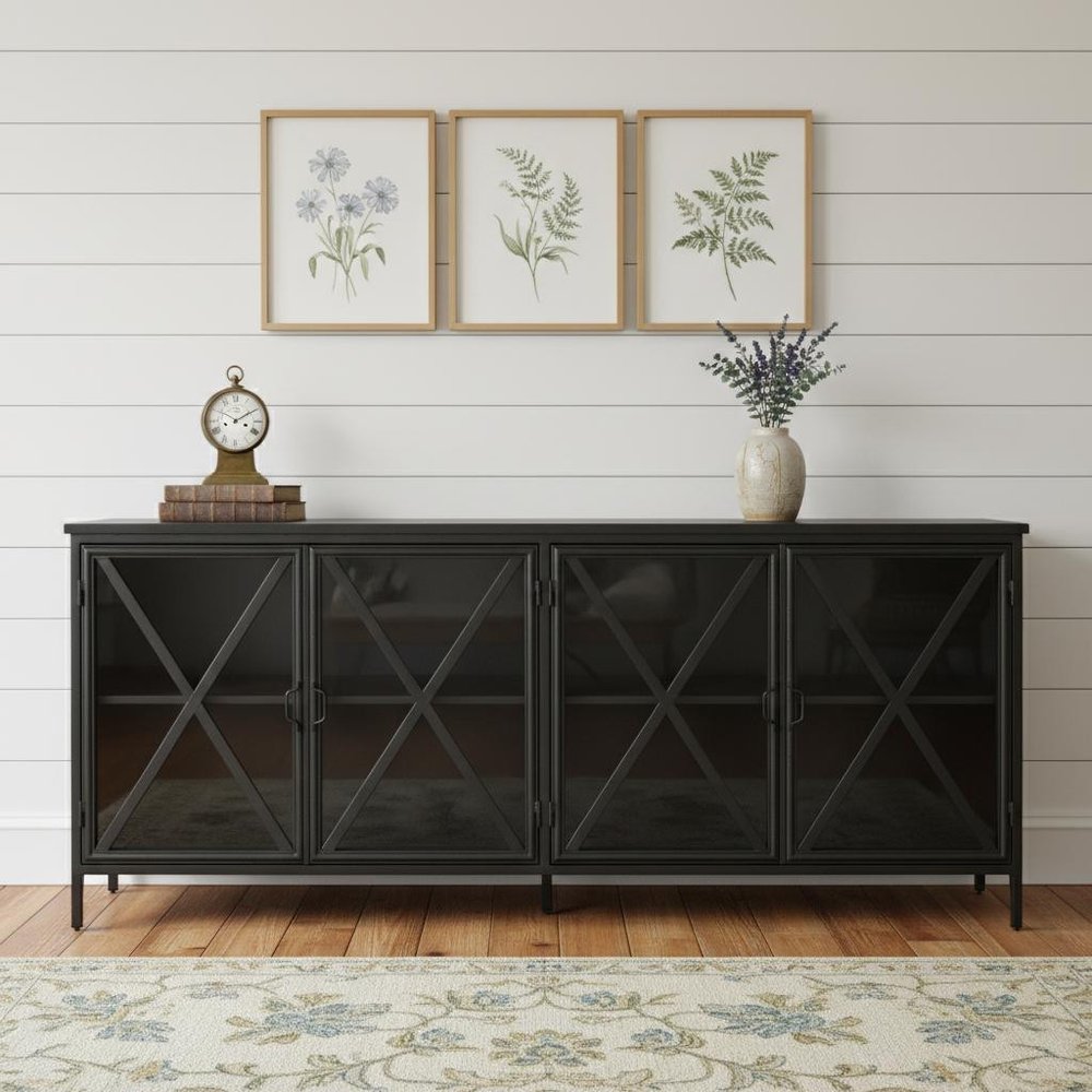 16" Black Iron Sideboard with Four Glass Doors
