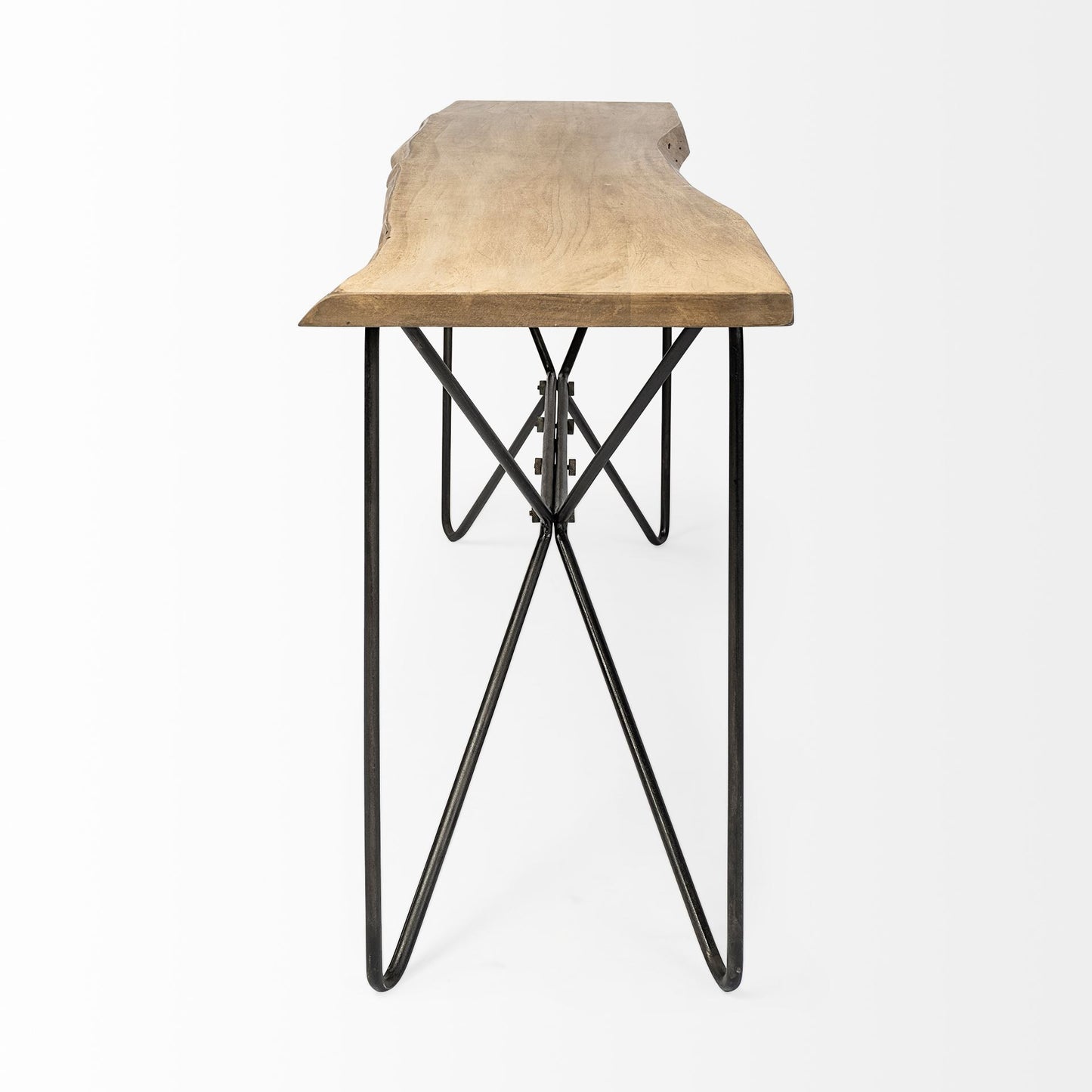 66" Natural and Black Solid Wood and Iron Abstract Base Console Table