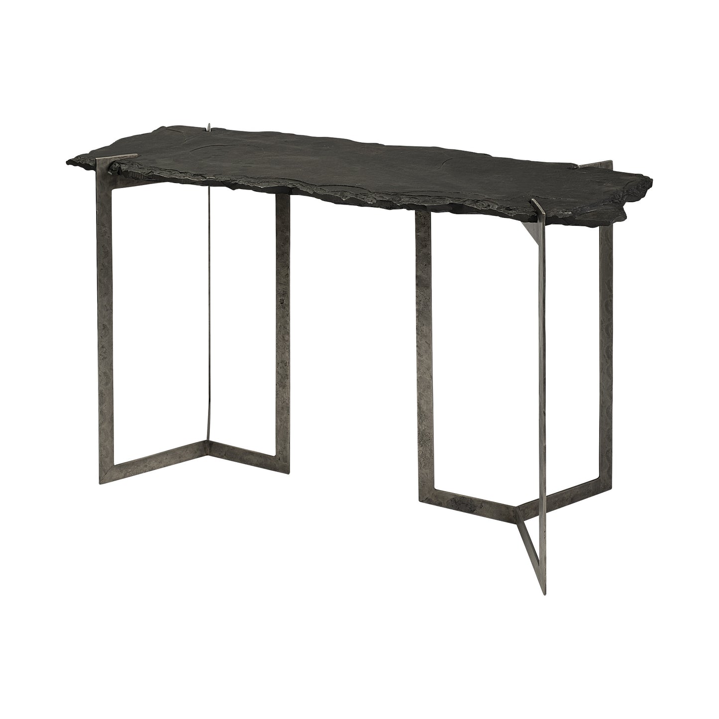 50" Black and Nickel Slate and Iron Distressed Double Pedestal Console Table