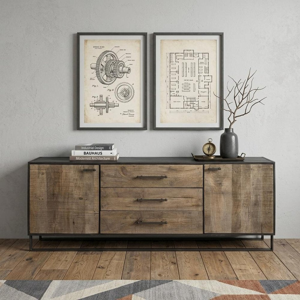 82" Brown and Black Solid Wood Three Drawer Sideboard with Two Doors