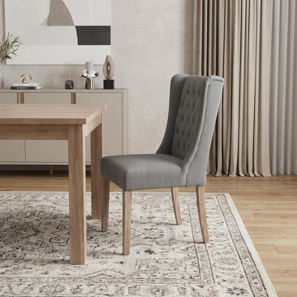 Tufted Gray and Brown Upholstered Linen Wing Back Dining Side Chair