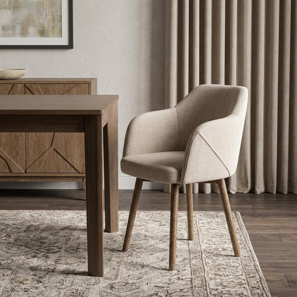 Cream and Brown Upholstered Fabric Dining Arm Chair