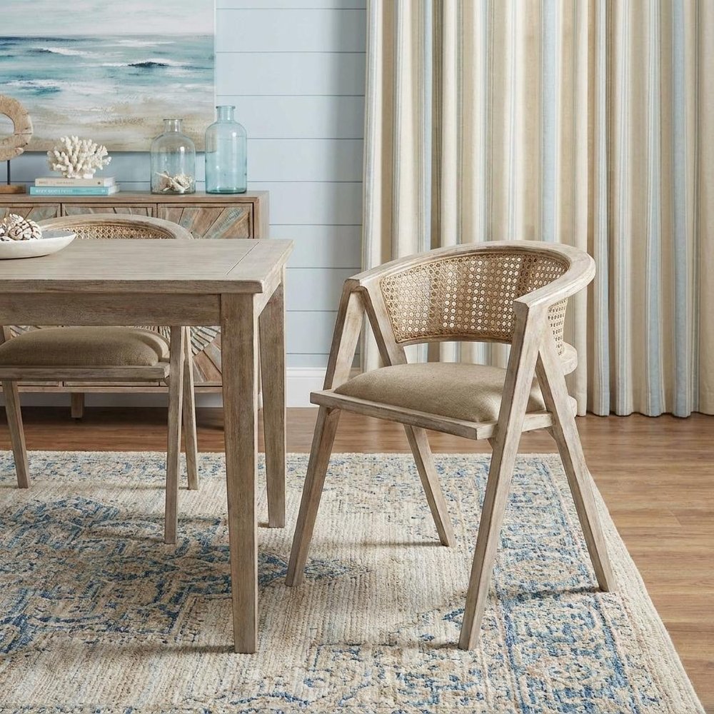 Beige And Gray Upholstered Linen Curved Back Dining Arm Chair
