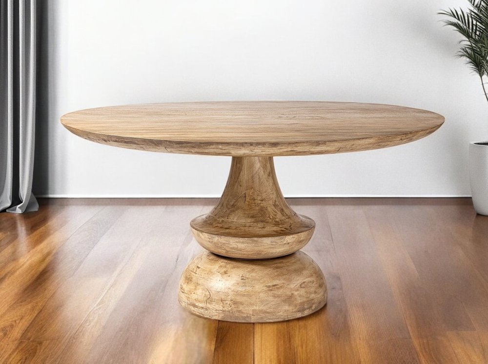 60" Natural Rounded Solid Wood Pedestal Base Dining Table