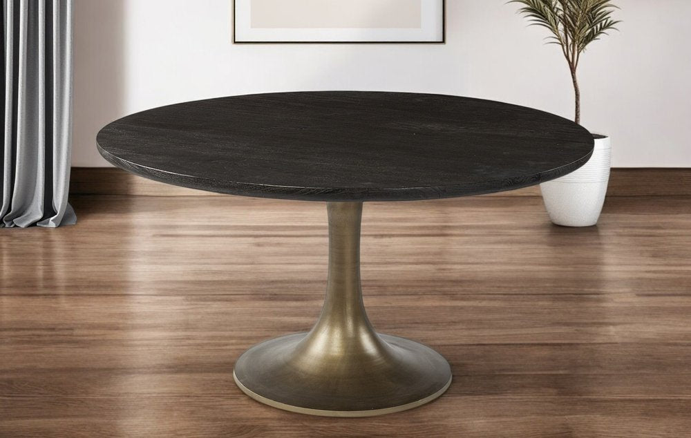 54" Black And Brass Rounded Solid Wood And Metal Pedestal Base Dining Table