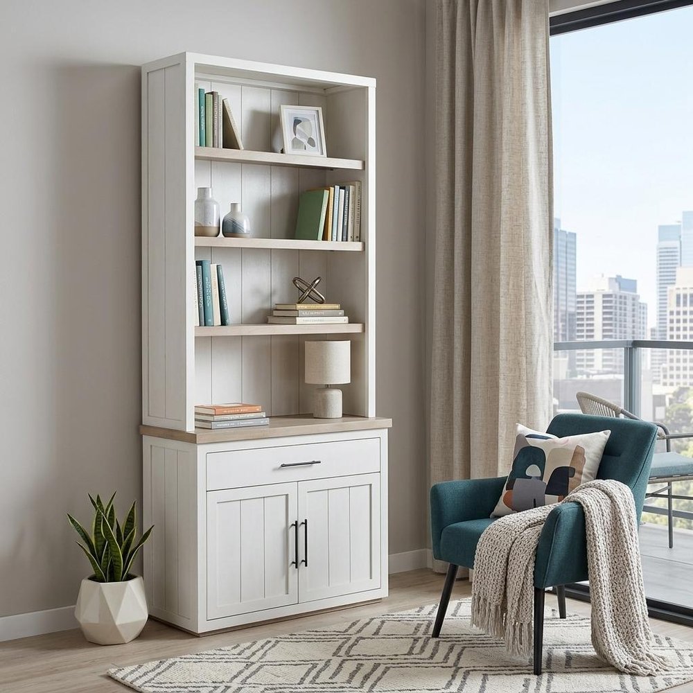 91" Brown And White Wood Three Tier Bookcase
