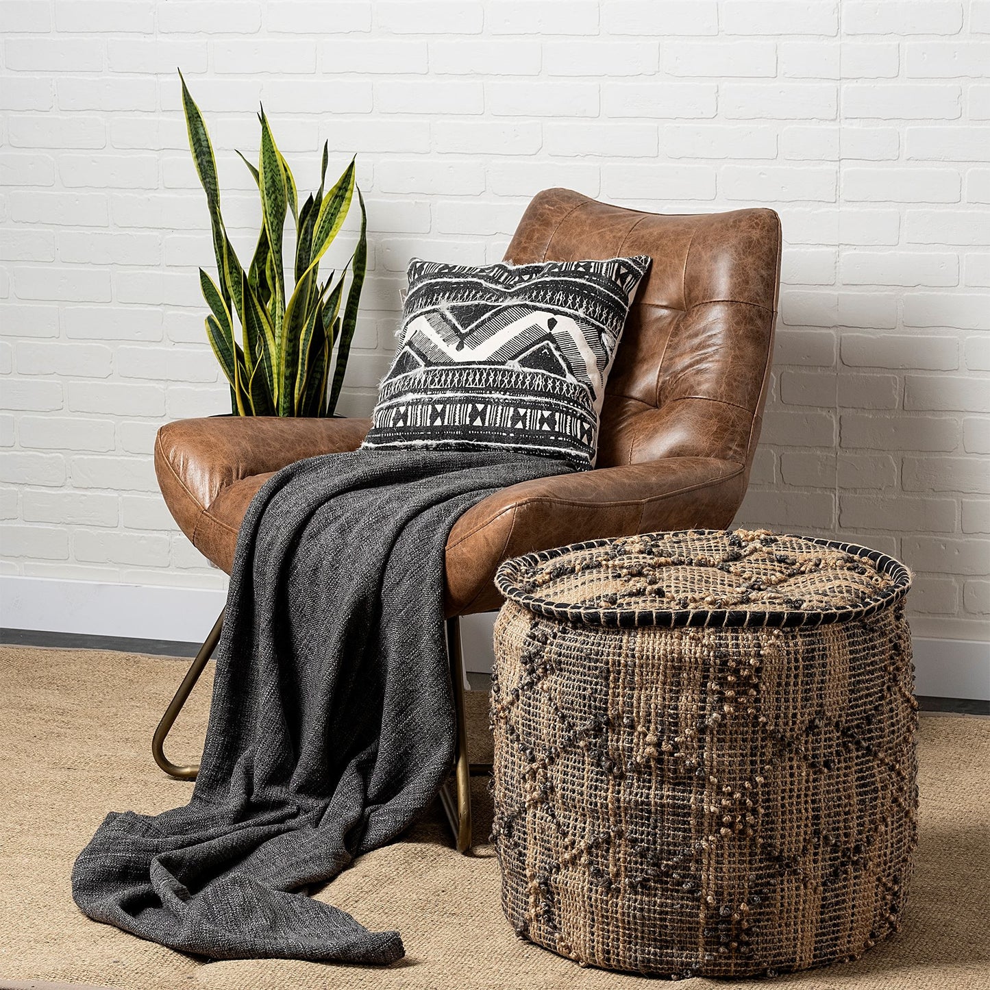 20" Jute Cylinder Geometric Pouf Ottoman