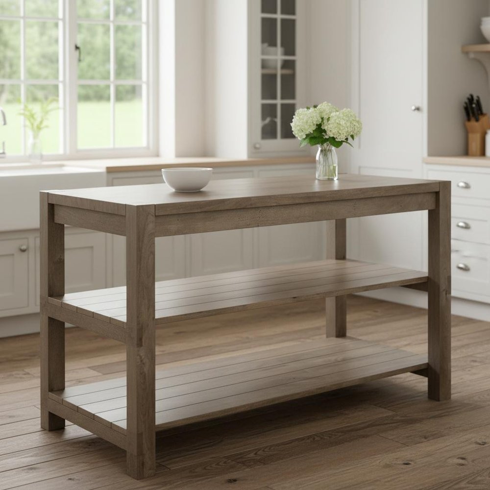 Brown Solid Wood Kitchen Island With Two Tier Smooth Counter Top