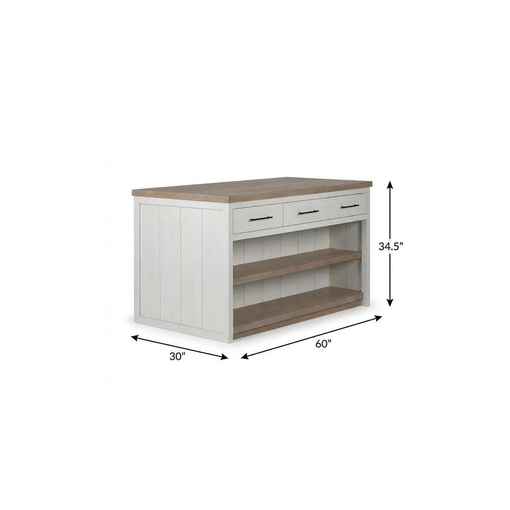 White And Brown Two Tone Wooden Kitchen Island With 3 Drawers