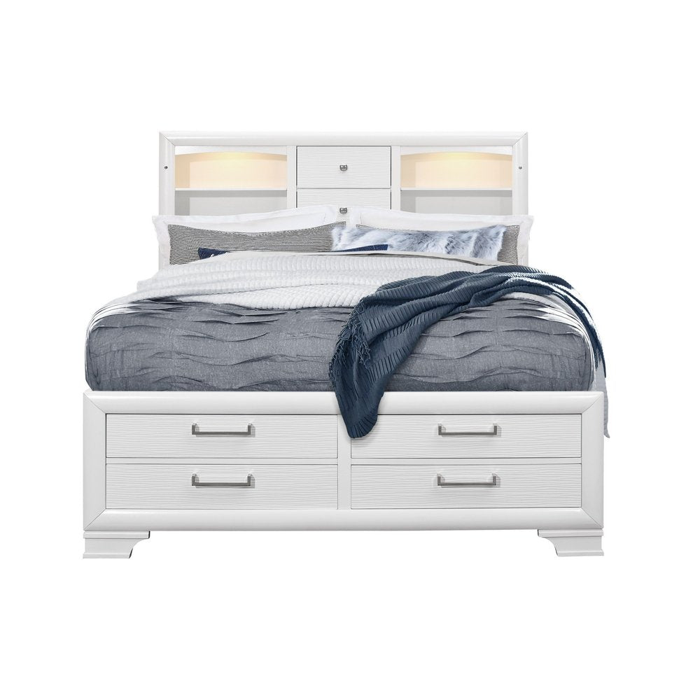 White Solid Wood Lighted Full Bed Frame With Drawers