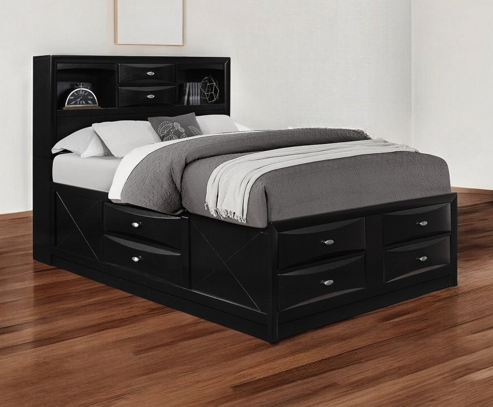 Black Solid Wood Queen Bed Frame With Eight Drawers