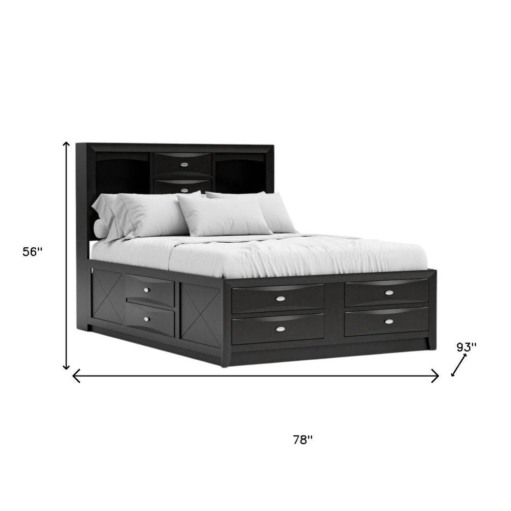Black Carved Abstract Solid Wood King Bed Frame With Drawers