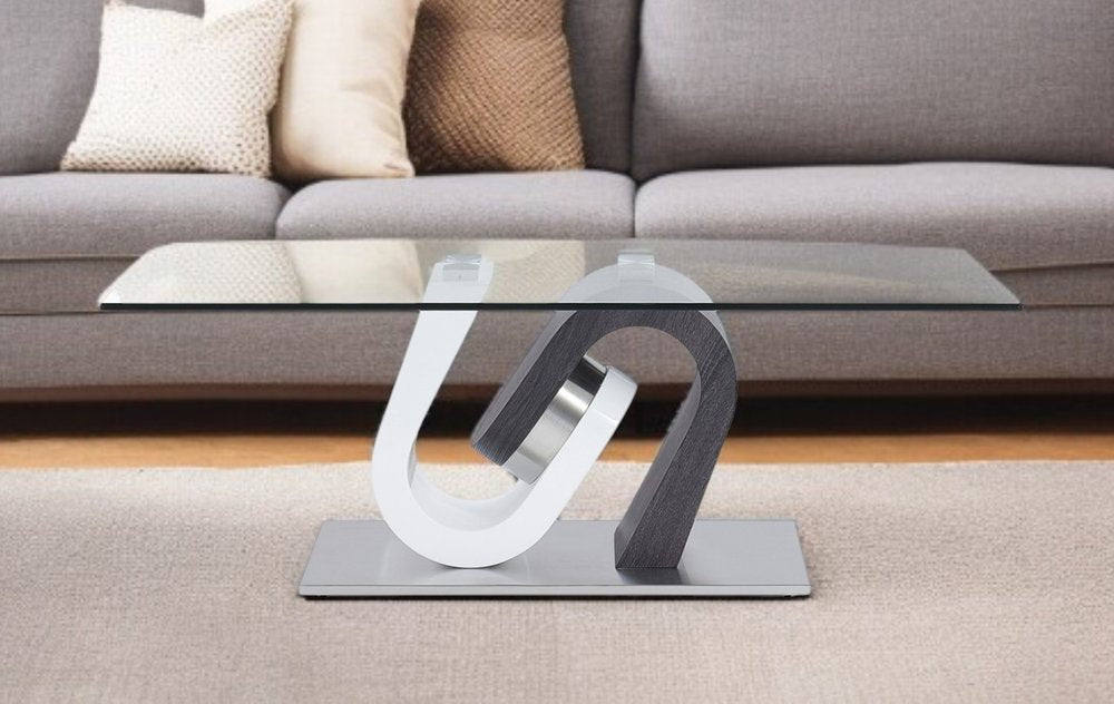 48" Clear Gray and White Glass And Steel Mod Coffee Table