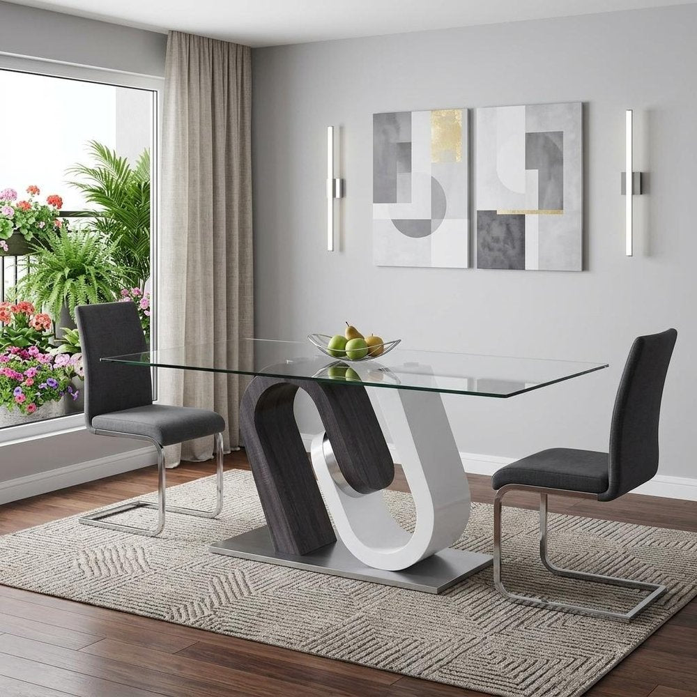 71" Clear And White and Gray Glass And Stainless Steel Pedestal Base Dining Table