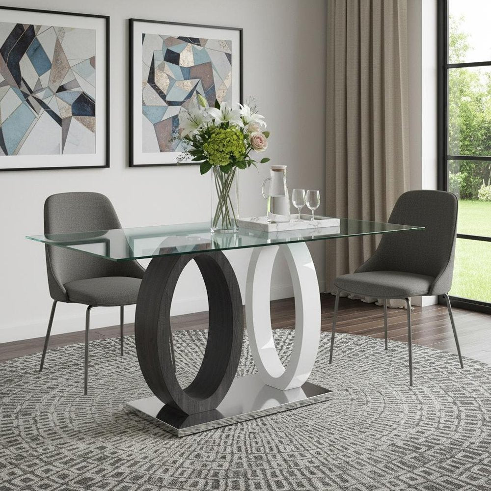 63" Clear Gray and White Glass And Metal Double Pedestal Base Dining Table