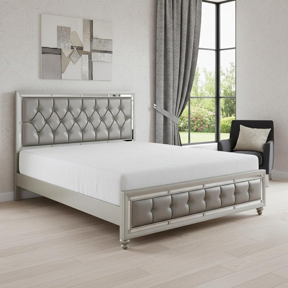 Silver Tufted Linen Upholstered Full Bed Frame with Nailhead Trim With No