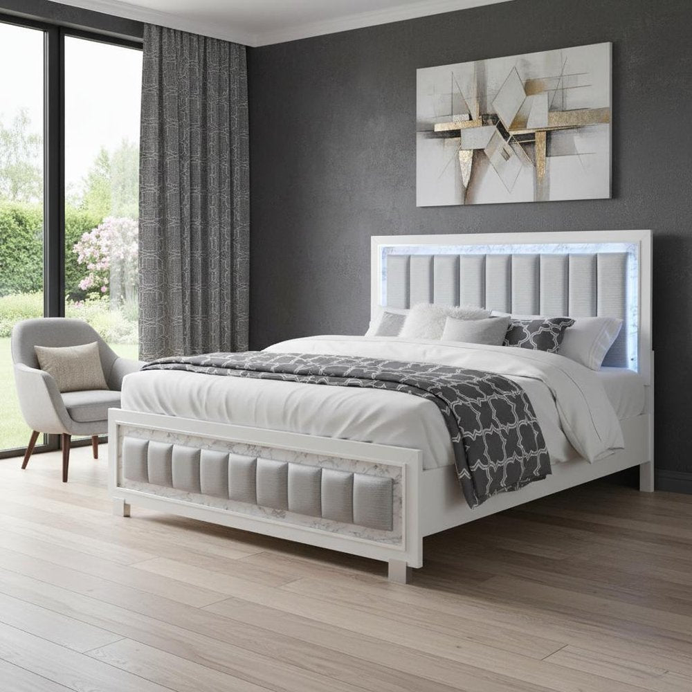 Modern Luxurious White Queen Bed With Padded Headboard Led Lightning