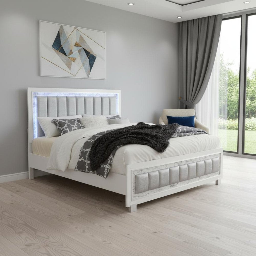 White Solid Wood And Faux Leather Lighted King Bed Frame With No