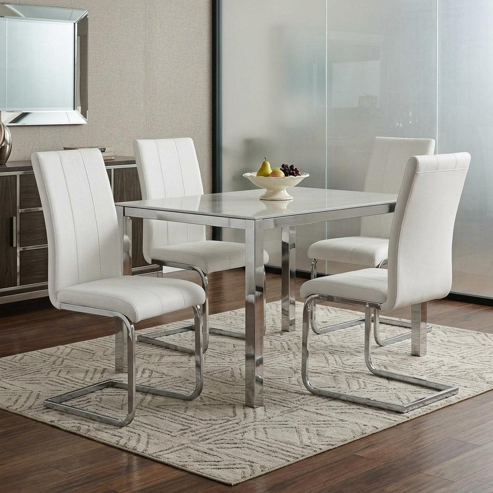 Set of Four White and Silver Upholstered Faux Leather Dining Side Chairs