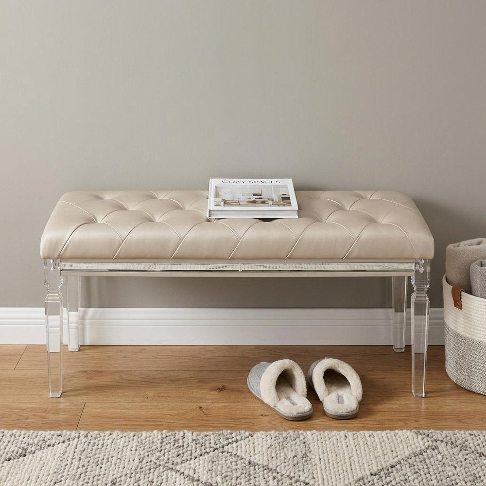 54" Champagne and Clear Upholstered Faux Leather Bench