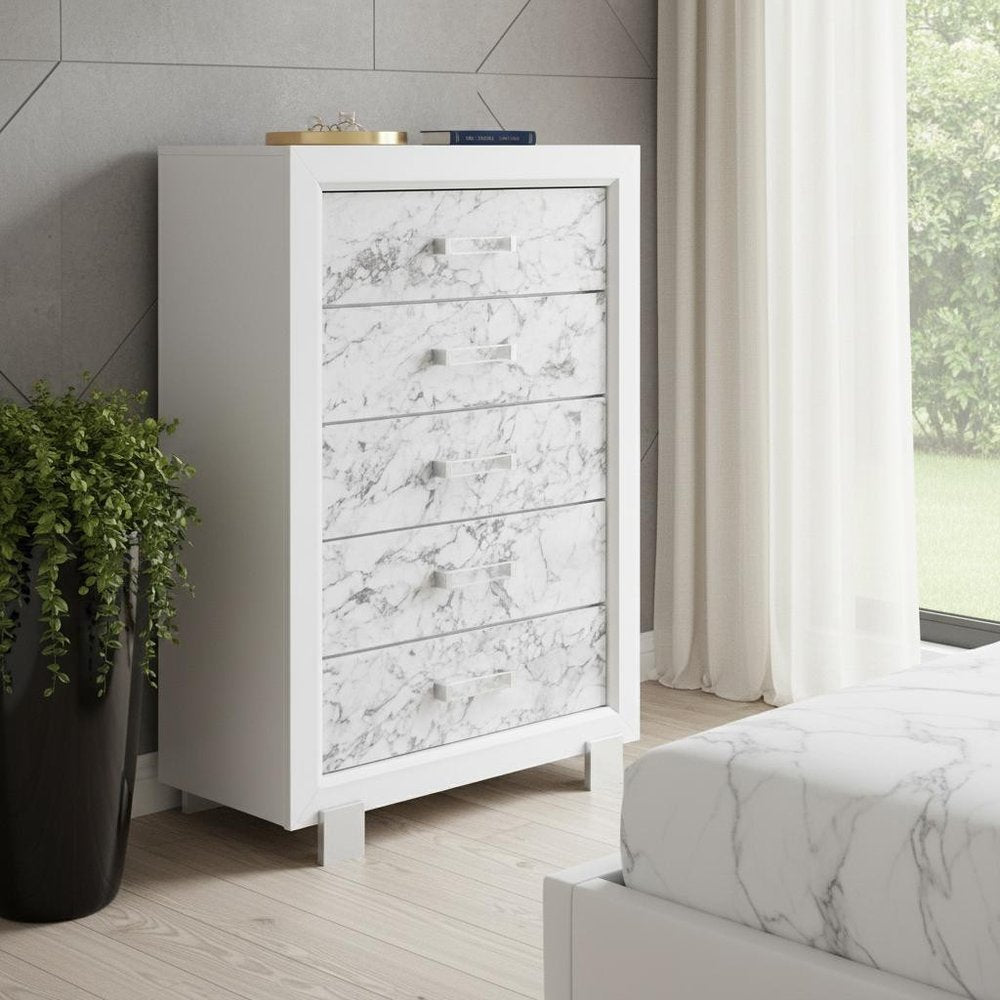 33" White Faux Marble And Solid Wood Five Drawer Dresser