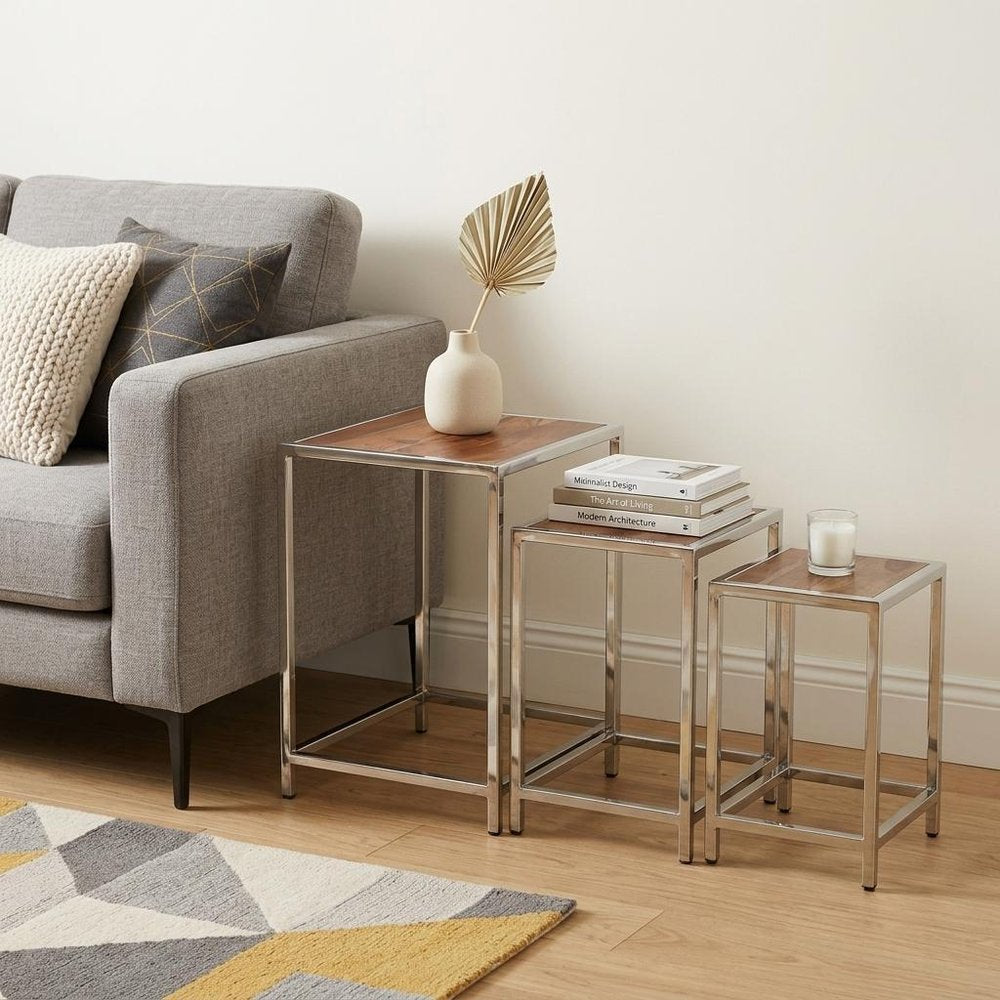 Set of Three 21" Silver And Brown Solid Wood Nested Tables