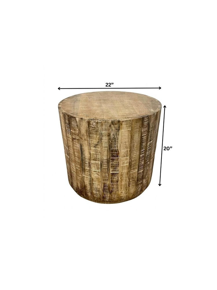 20" Natural Distressed Solid Wood Round Drum End Table