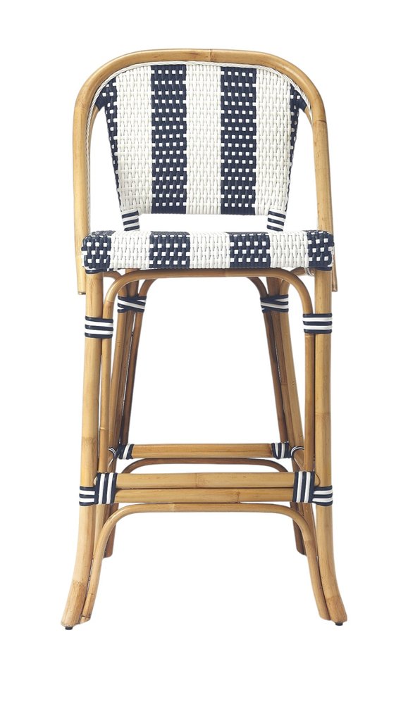 28" Blue and White and Natural Rattan Bar Chair
